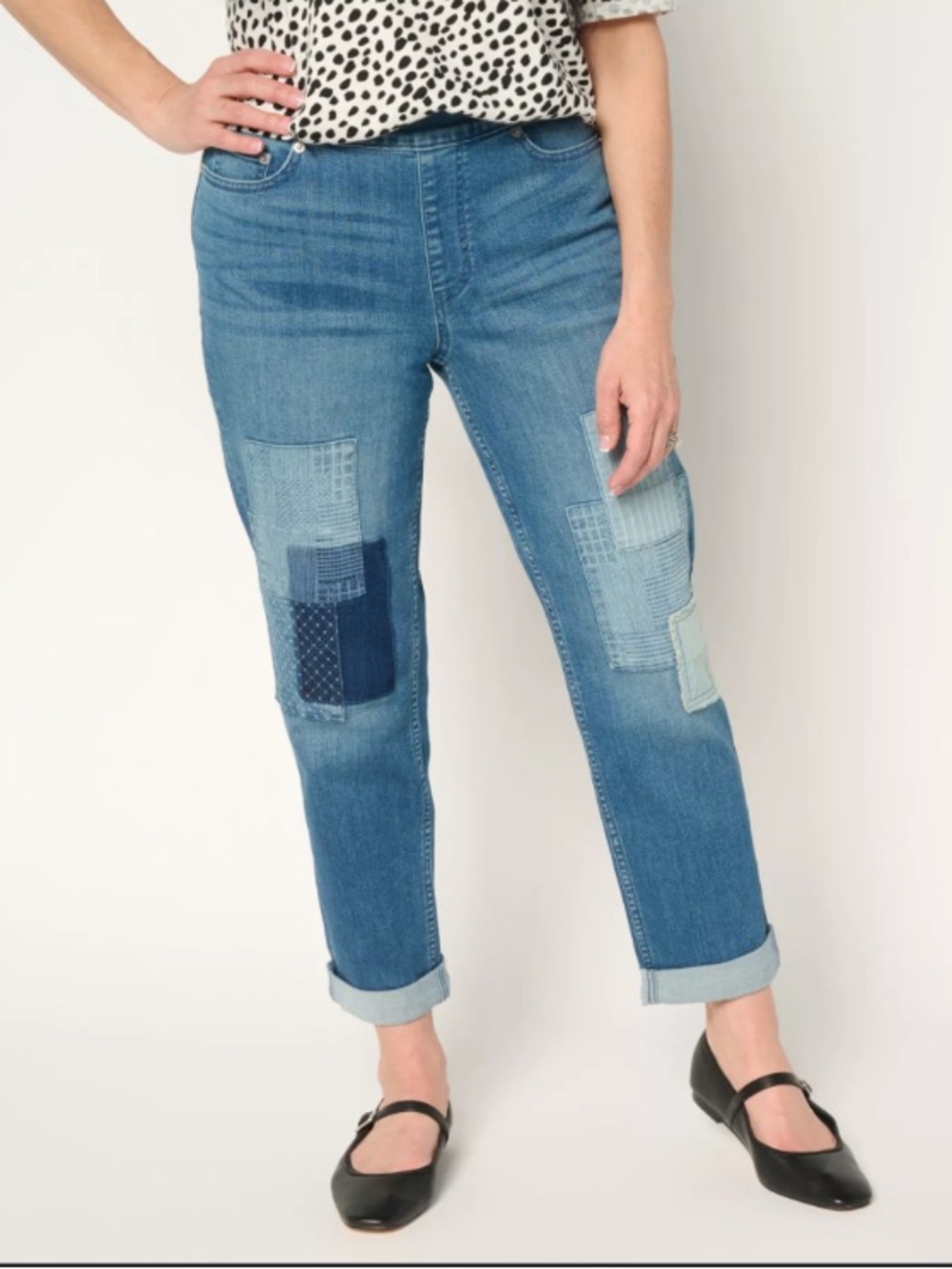 LOGO by Lori Goldstein Womens Dark Blue Patchwork Maddy Boyfriend Jeans 2 Petite